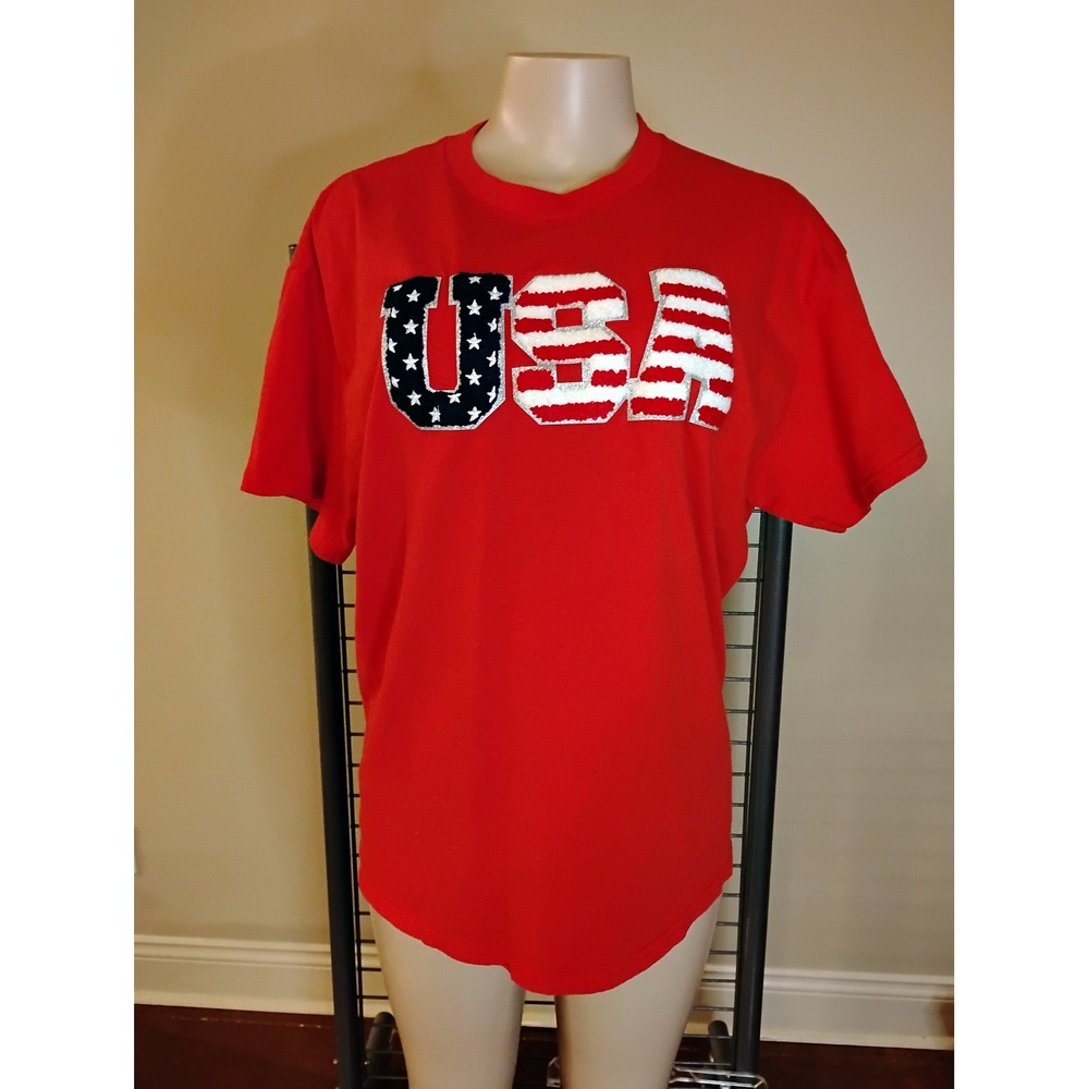 Gildan Heavy Cotton Red USA Patriotic Patch T-Shirt‎ Womens Large Short Sleeve